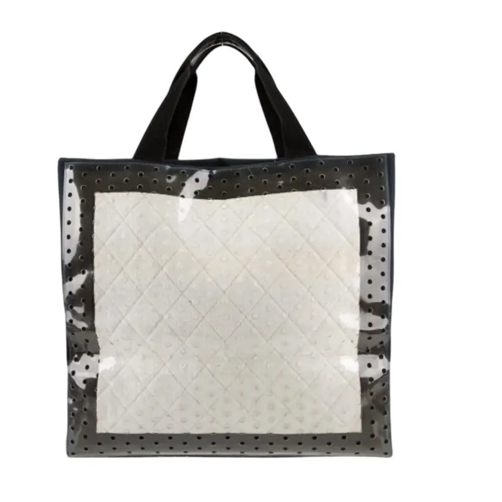 Chanel ENORMOUS tote, black + white fabric w/perforated pvc layer over material - Picture 2 of 16